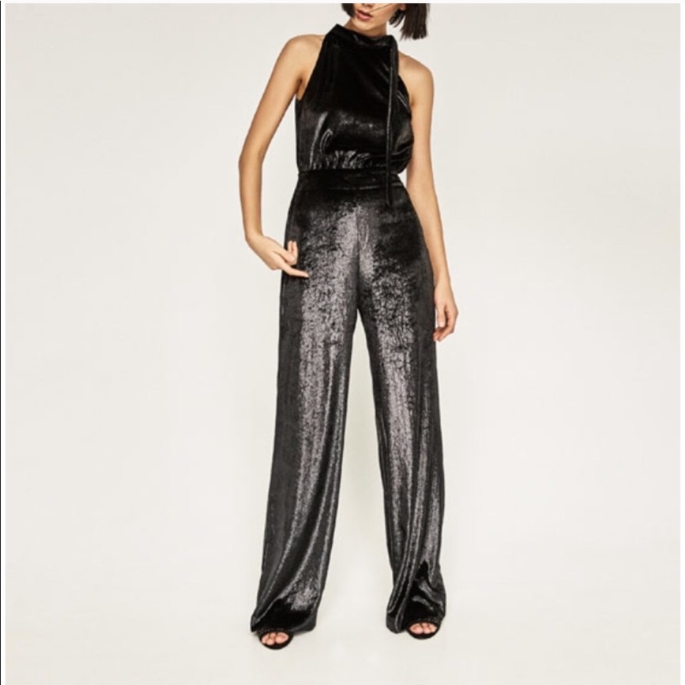 Zara Black Shiny Velvet Jumpsuit NWT